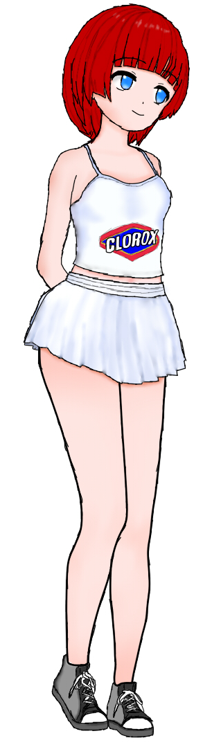 1girl, blue_eyes, clorox, clorox-chan, original, red_hair, short_hair, skirt