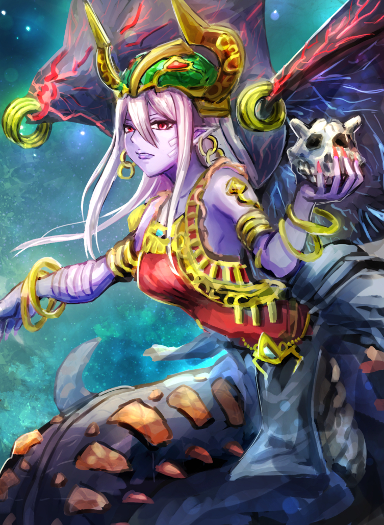 colored_skin, lamia, monster_girl, red_eyes, reptilianne_echidna, snake, tail, white_hair