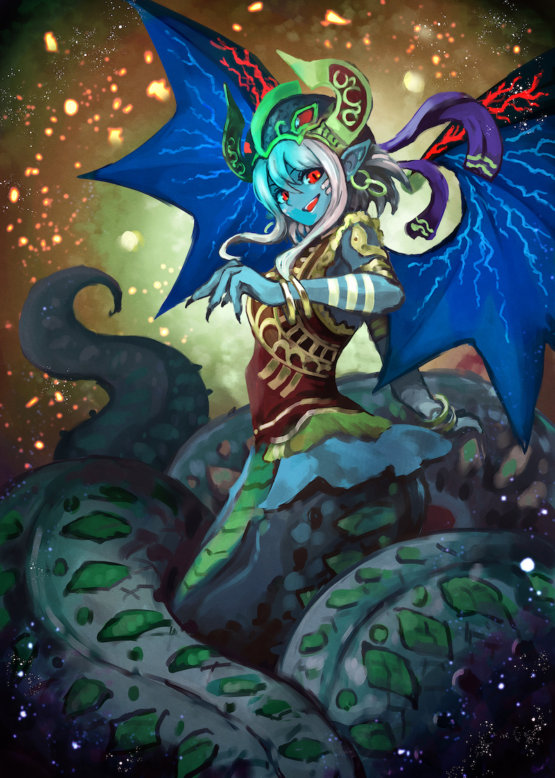 1girl, colored_skin, lamia, monster_girl, red_eyes, reptilianne_echidna, snake, solo