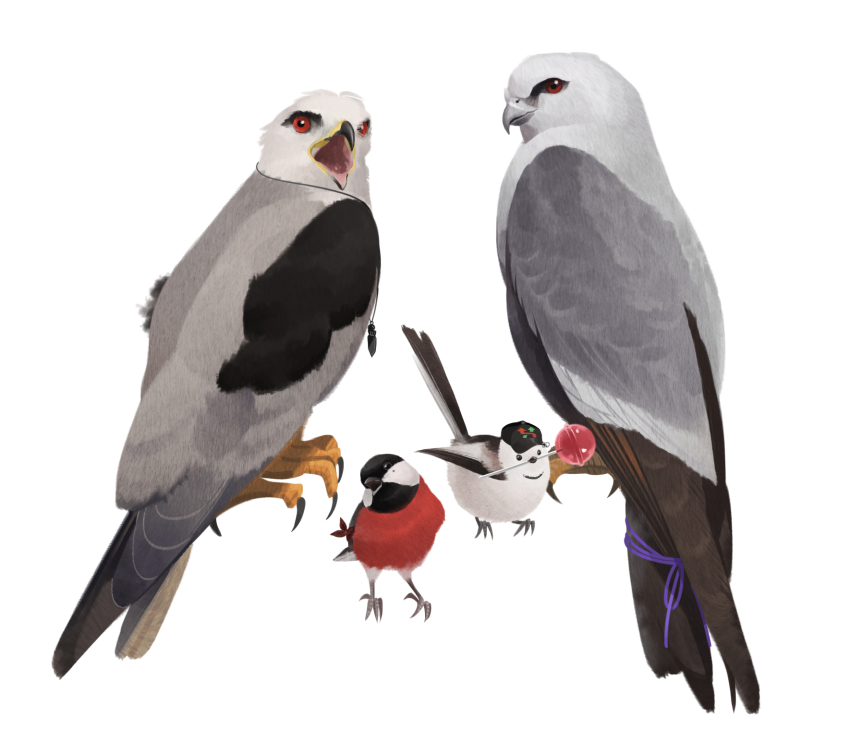 amemura_ramuda, animalization, aohitsugi_samatoki, bird, black_eyes, blue_string, candy, food, hat, highres, hypnosis_mic, jewelry, jinguji_jakurai, lollipop, looking_at_viewer, necklace, no_humans, open_mouth, red_eyes, sha_b16, simple_background, the_dirty_dawg, white_background, yamada_ichiro