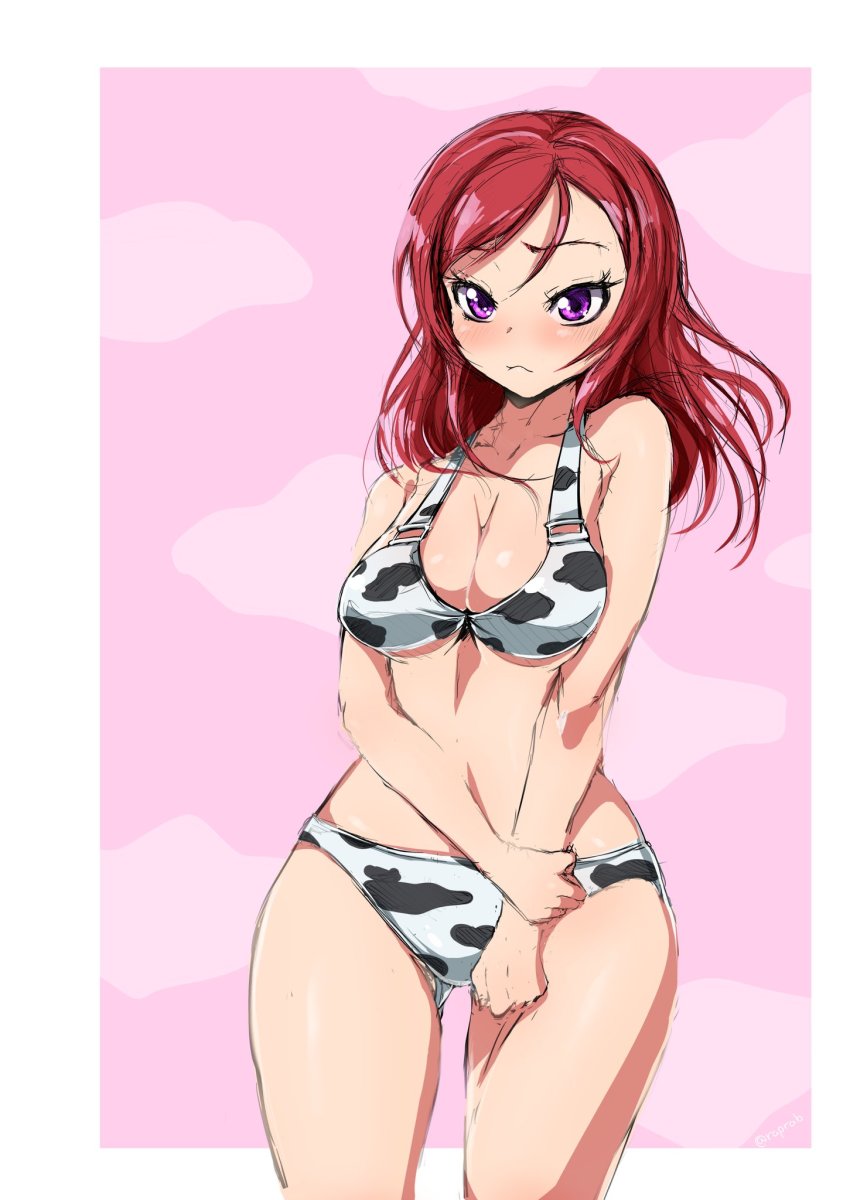 1girl, animal_print, bikini, border, breasts, cloud_background, commentary_request, cow_print, cowboy_shot, highres, large_breasts, looking_at_viewer, love_live!, love_live!_school_idol_project, medium_breasts, nishikino_maki, pink_background, purple_eyes, red_hair, solo, swimsuit, white_bikini, white_border, yatarou_(rapidrabbit)