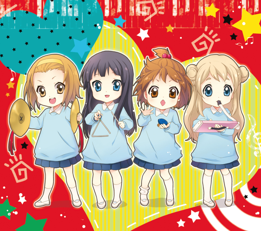 00s, 4girls, aged_down, akiyama_mio, alternate_hairstyle, black_hair, blonde_hair, blue_eyes, brown_eyes, brown_hair, castanets, chibi, child, cymbals, diamond_mouth, double_bun, hair_bobbles, hair_bun, hair_ornament, hairband, hirasawa_yui, ho-kago_tea_time, instrument, k-on!, keyboard_(instrument), kindergarten, kindergarten_uniform, kneehighs, kotobuki_tsumugi, long_hair, m-ca, mca_(dessert_candy), melodica, multiple_girls, pianica, ponytail, school_uniform, short_hair, skirt, socks, tainaka_ritsu, triangle, triangle_(instrument)
