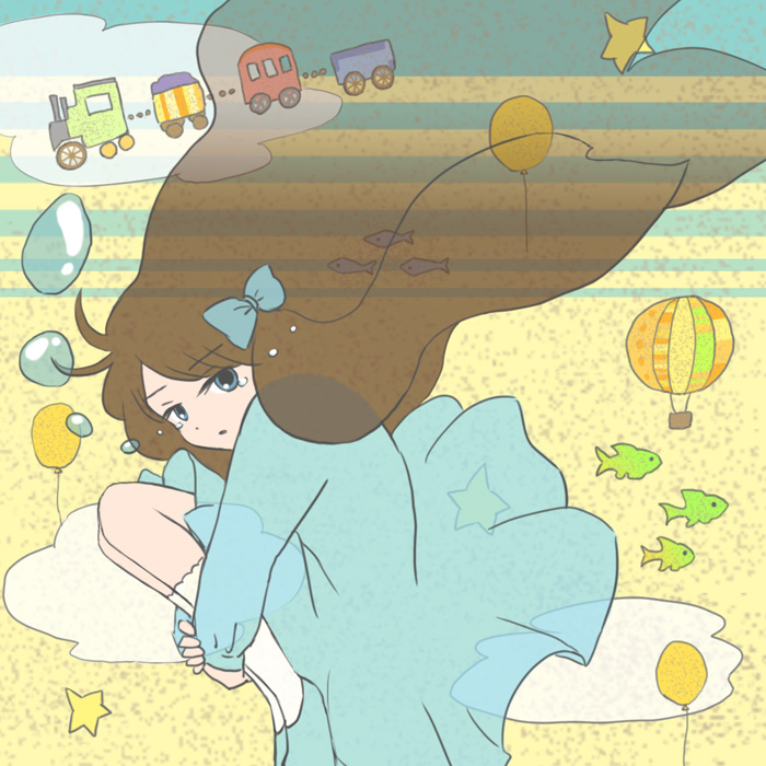 balloon, blue_dress, blue_eyes, blue_footwear, blue_ribbon, brown_hair, cloud, crying, dress, fish, green_hair, hair_ribbon, irony_(vocaloid), lonely, long_hair, minaco_(866647), ribbon, shoes, socks, star_(sky), star_(symbol), tears, train, see-through_hair, very_long_hair, vocaloid, white_legwear