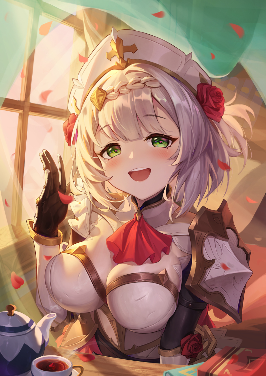 1girl, :d, absurdres, armor, ascot, black_gloves, blush, book