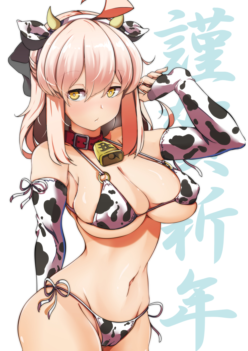 1girl, absurdres, animal_ears, animal_print, bell, bikini, breasts, collar