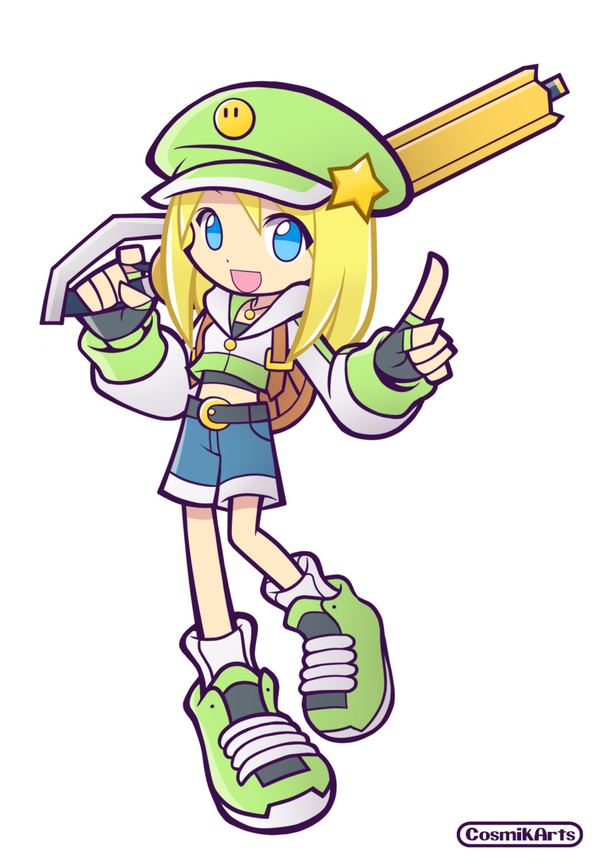1girl, ace_(cosmik_arts), backpack, bag, black_gloves, blue_eyes, blue_pants, newsboy_cap, chibi, commentary, cosmik_arts, cropped_hoodie, english_commentary, finger_on_trigger, fingerless_gloves, flat_chest, full_body, gloves, green_hat, green_shoes, gun, hat, hat_ornament, highres, hood, hood_down, hoodie, looking_at_viewer, medium_hair, open_mouth, original, pants, parody, puyopuyo, rifle, shoes, shorts, smile, sneakers, socks, solo, star_(symbol), star_hat_ornament, style_parody, transparent_background, weapon, white_socks