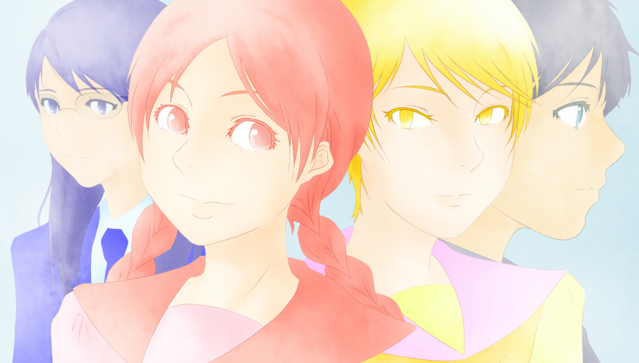 00s, 4girls, aoi_hana, bad_id, bad_pixiv_id, black_hair, blonde_hair, blue_eyes