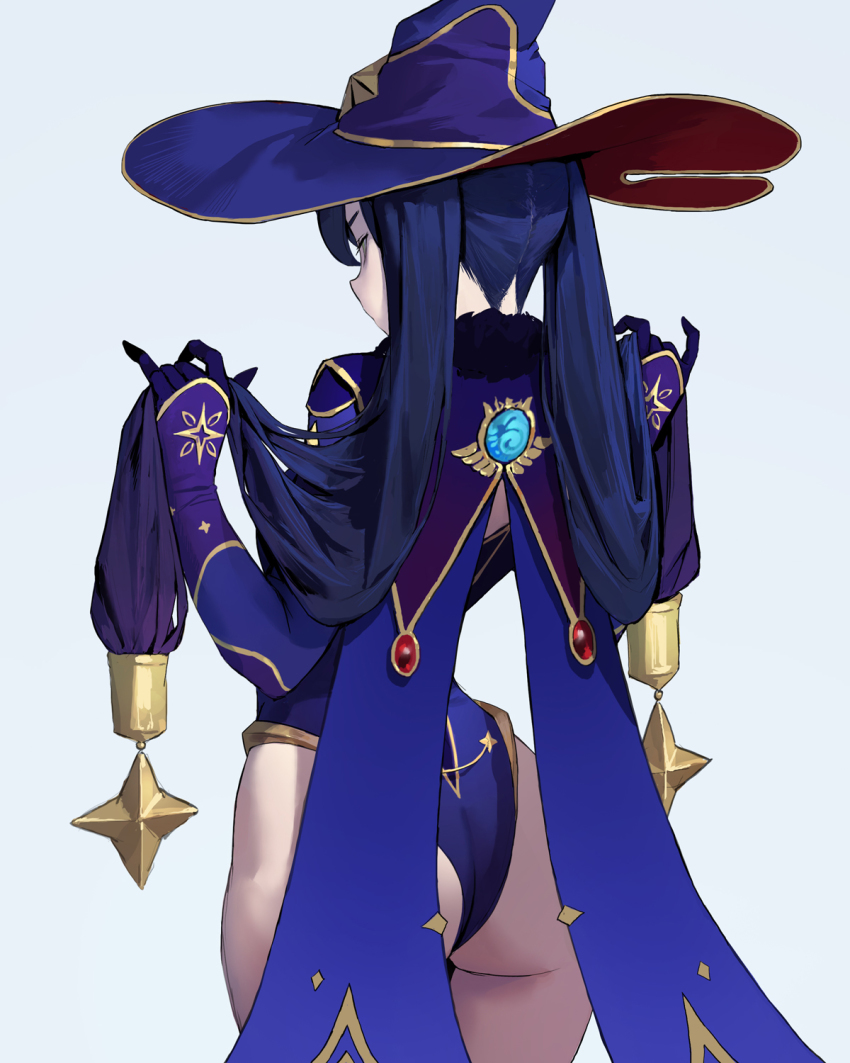 1girl, ass, back, bare_shoulders, blue_gloves, blue_hair, breasts, cowboy_shot