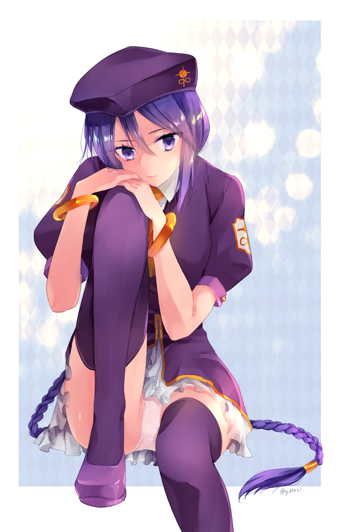 1girl, braid, braided_ponytail, hair_between_eyes, hat, high_heels, hoshiyume_yashiro, jacket, long_hair, looking_at_viewer, melty_blood, miniskirt, outside_border, panties, pantyshot, pleated_skirt, ponytail, pumps, purple_eyes, purple_footwear, purple_hair, purple_hat, purple_jacket, purple_thighhighs, short_sleeves, sion_eltnam_(type-moon), sion_eltnam_atlasia, sitting, skirt, solo, thighhighs, tsukihime, twitter_username, underwear, very_long_hair, white_background, white_panties, white_skirt