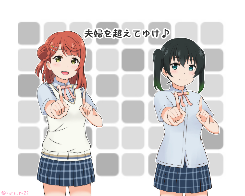 2girls, black_hair, black_legwear, blunt_bangs, braid, braided_bun, bun_with_braided_base, buttons