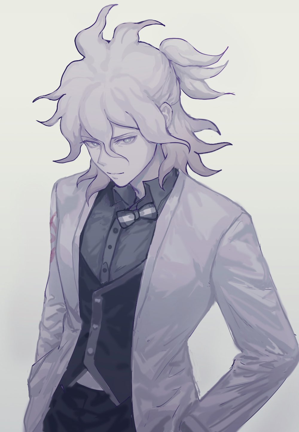 1boy, ai_(meira32373165), alternate_hairstyle, black_pants, black_shirt, black_vest, bow, bowtie