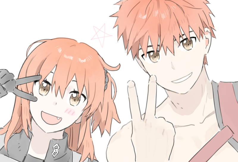 1boy, 1girl, blush_stickers, cczyjs, close-up, emiya_shirou, fang, fate/grand_order