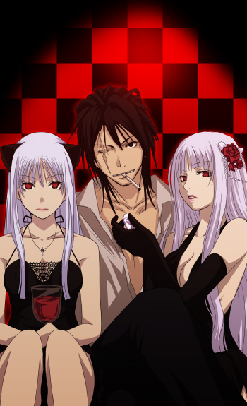 1boy, 2girls, albino, alcohol, animal_ears, brown_hair, cat_ears, cigar