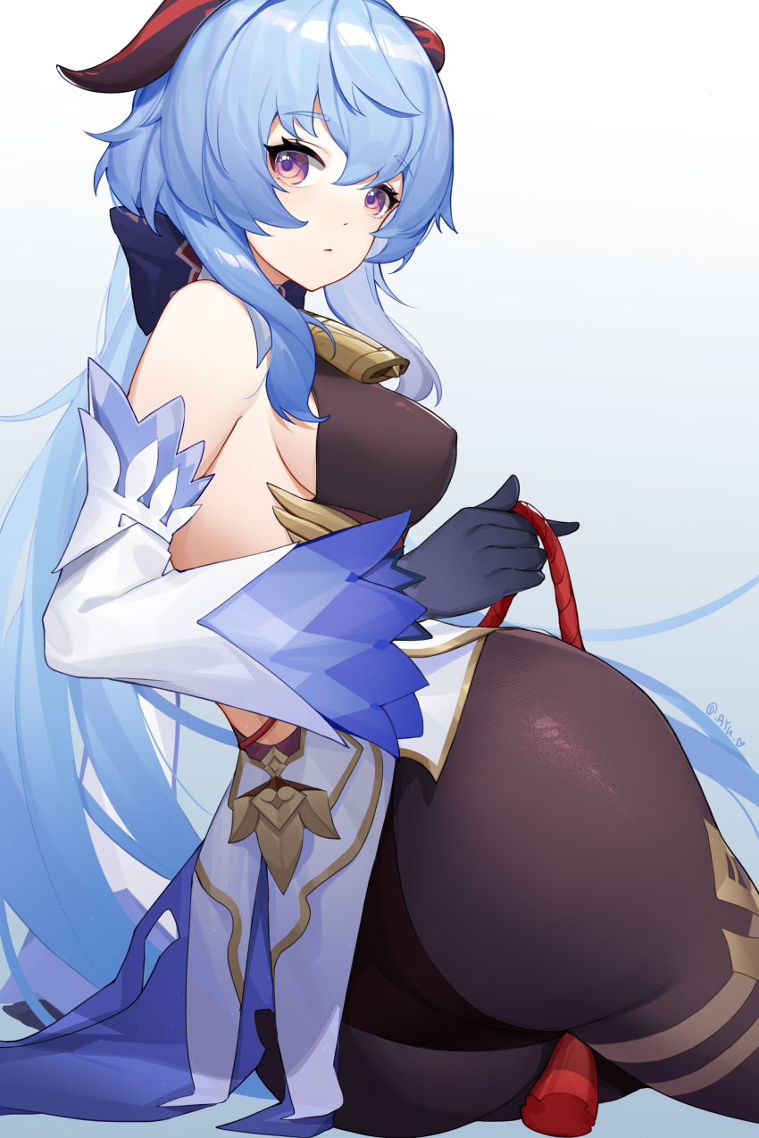 1girl, absurdres, artist_name, ass, ayu_(ayuyu0924), bare_shoulders, bell, black_gloves