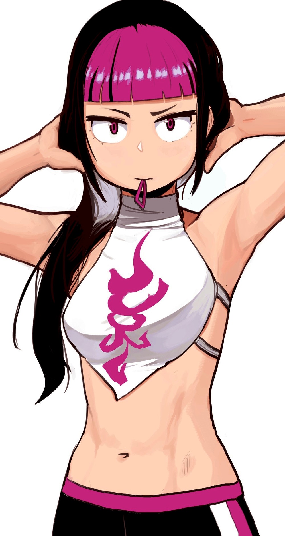 1girl, adjusting_hair, armpits, arms_behind_head, arms_up, black_hair, blunt_bangs, breasts