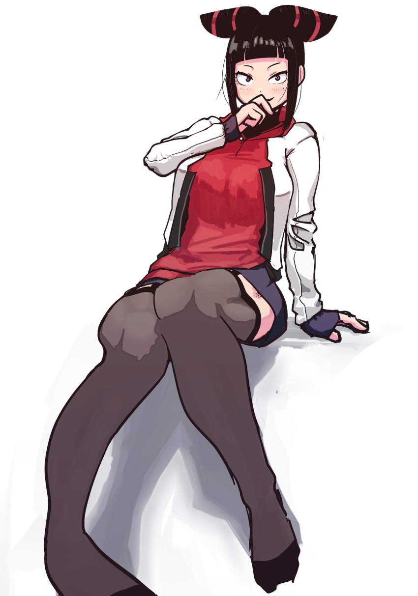 1girl, black_hair, blunt_bangs, blush, breasts, casual, full_body, garter_straps