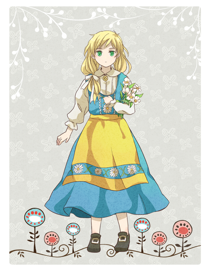 1girl, amulet, apron, black_footwear, blonde_hair, blouse, blue_dress, bouquet