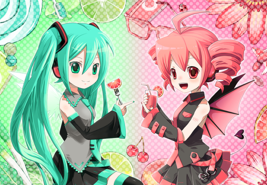 2girls, ahoge, aqua_eyes, aqua_hair, bat_wings, candy, cherry, crossover, demon_girl, detached_sleeves, drill_hair, fish, flower, food, fork, fruit, gimei_(ebisawa), glasses, hasiru, hatsune_miku, headphones, holding, holding_fork, kasane_teto, kasane_teto_(utau), long_hair, multiple_girls, red_eyes, red_hair, skirt, smile, spring_onion, tail, thighhighs, twin_drills, twintails, utau, vocaloid, wings