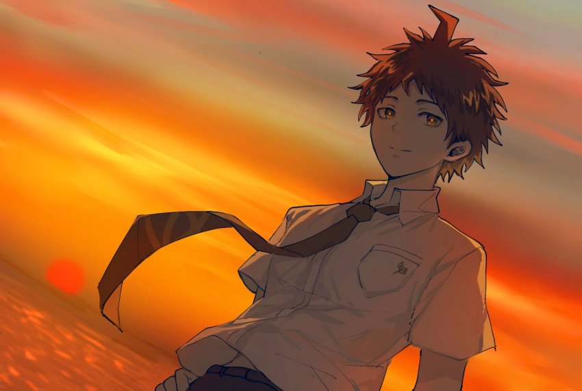 1boy, ahoge, ai_(meira32373165), breast_pocket, brown_eyes, brown_hair, closed_mouth, collared_shirt