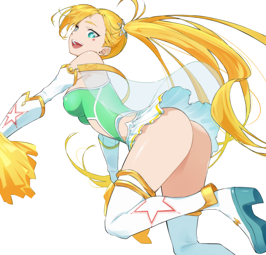 1girl, absurdres, ass, blonde_hair, boots, breasts, calamity_jane_(fate), calamity_jane_(third_ascension)_(fate), earrings, elbow_gloves, facial_tattoo, fate/grand_order, fate_(series), gloves, green_eyes, green_leotard, highleg, highleg_leotard, highres, hoop_earrings, jewelry, leotard, long_hair, looking_at_viewer, medium_breasts, open_mouth, pom_pom_(cheerleading), side_ponytail, simple_background, skirt, smile, solo, star_(symbol), star_tattoo, tattoo, thigh_boots, thighhighs, thighlet, thighs, tochi_keisuke, very_long_hair, white_background, white_boots, white_gloves, white_skirt