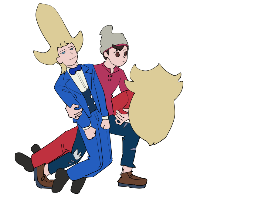 3boys, beanie, black_footwear, blonde_hair, blue_eyes, blue_jacket, blue_neckwear, blue_pants