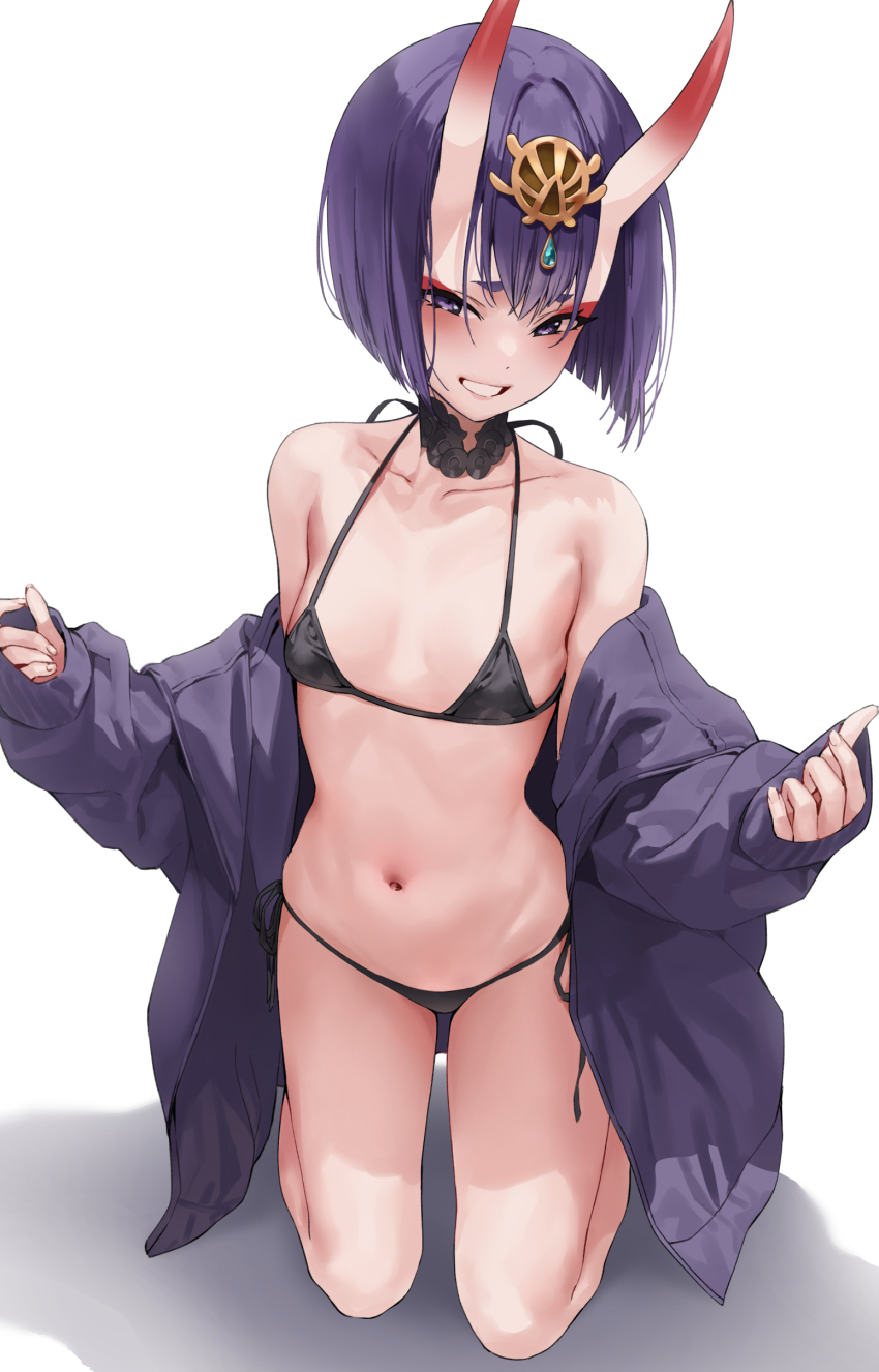 1girl, absurdres, bikini, bikini_under_clothes, black_bikini, bob_cut, breasts, eyeliner