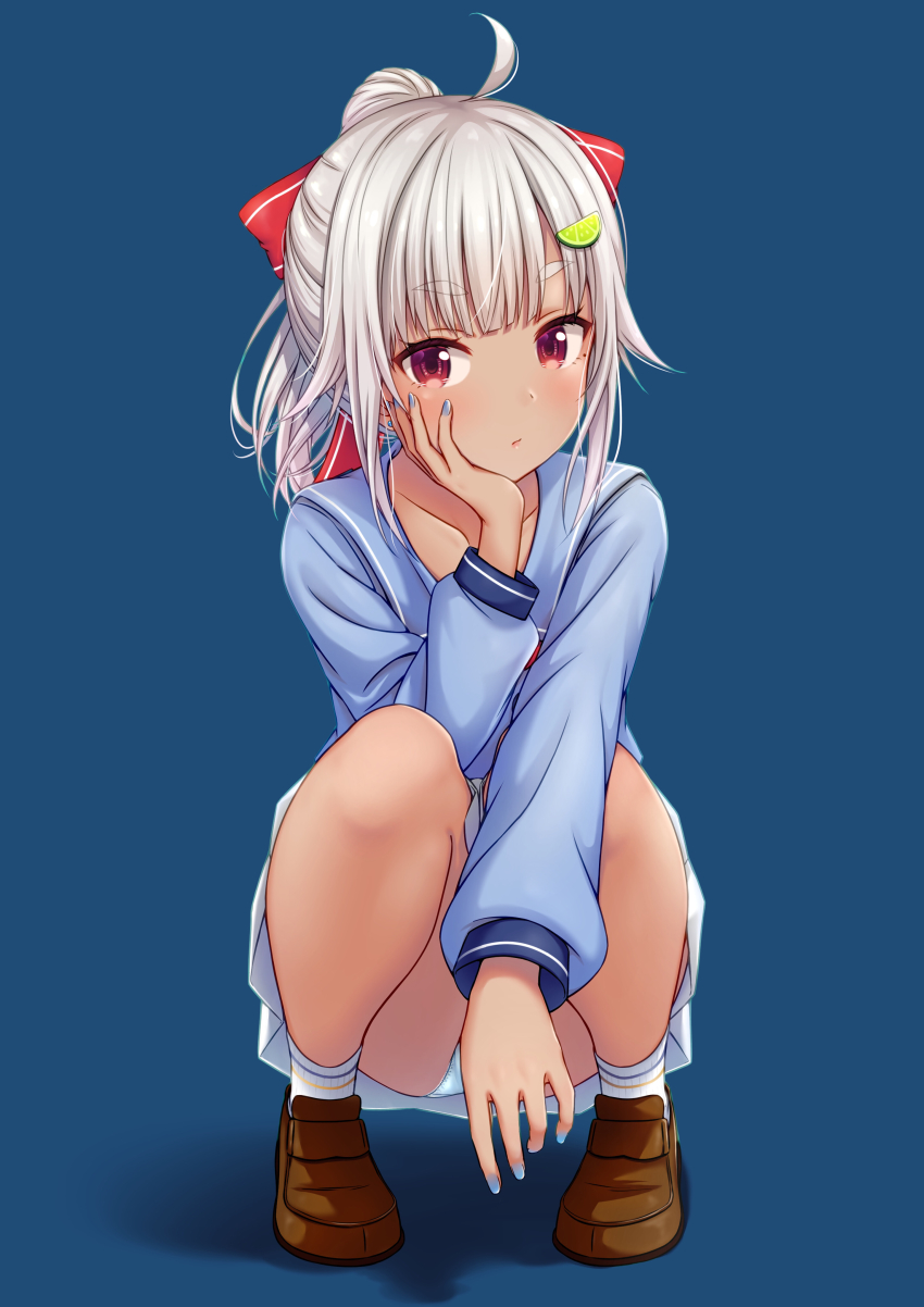 1girl, absurdres, ahoge, bad_id, bad_pixiv_id, blouse, blue_background, blue_nails, blue_shirt, blunt_bangs, bow, brown_shoes, collarbone, dark-skinned_female, dark_skin, earrings, food, food-themed_hair_ornament, fruit, grey_hair, hair_bow, hair_ornament, hand_on_own_cheek, hand_on_own_face, hayama_marin, head_rest, highres, jewelry, lime_(fruit), lime_hair_ornament, lime_slice, loafers, long_hair, long_sleeves, looking_at_viewer, miniskirt, mole, mole_under_eye, nail_polish, nijisanji, panties, pantyshot, pleated_skirt, ponytail, red_bow, red_eyes, school_uniform, shirt, shoes, simple_background, skirt, socks, solo, sonoji_(_sonoji), squatting, stud_earrings, underwear, virtual_youtuber, white_panties, white_skirt