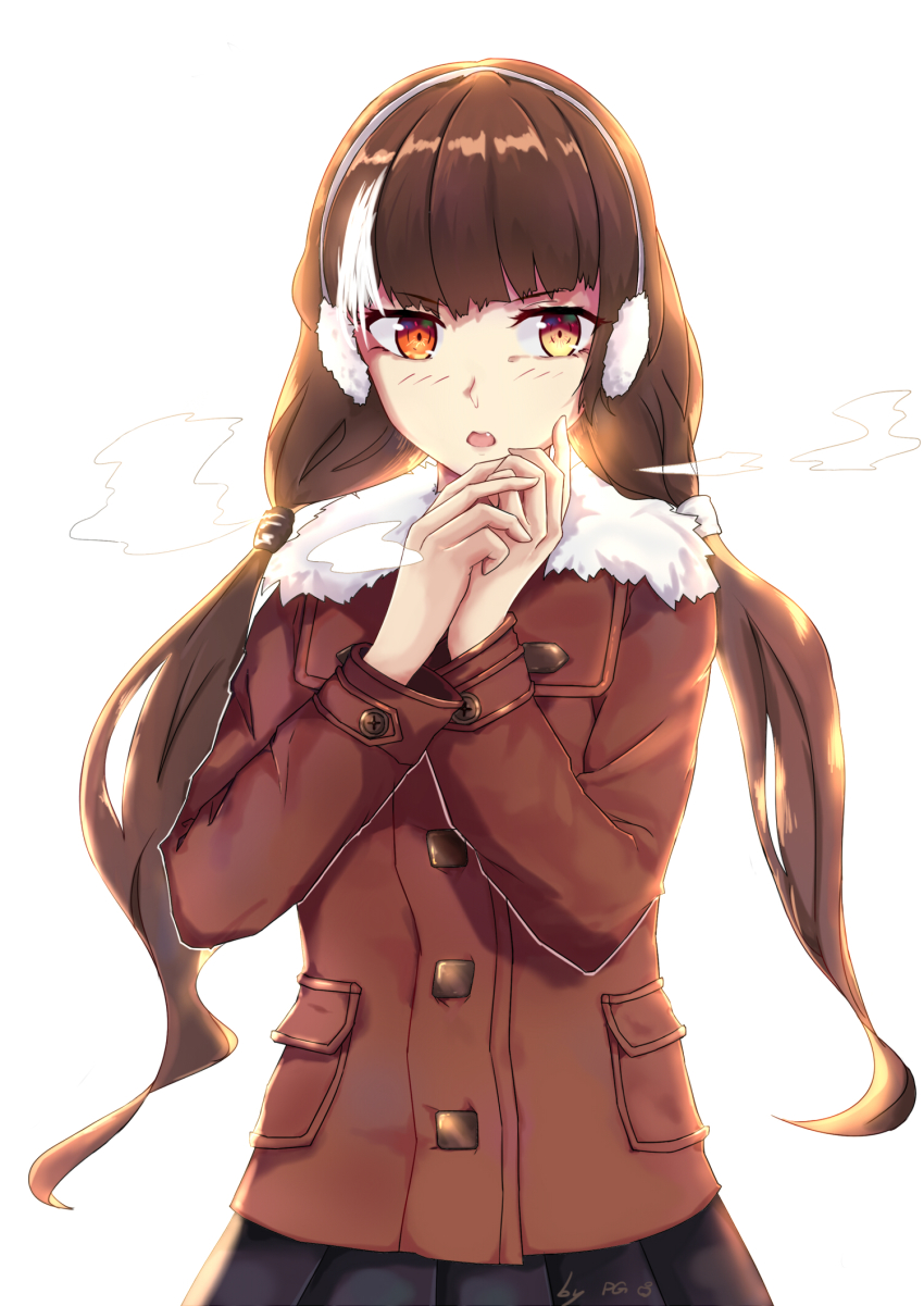 1girl, alternate_hairstyle, artist_name, black_hair, blush, coat, commentary_request, cowboy_shot