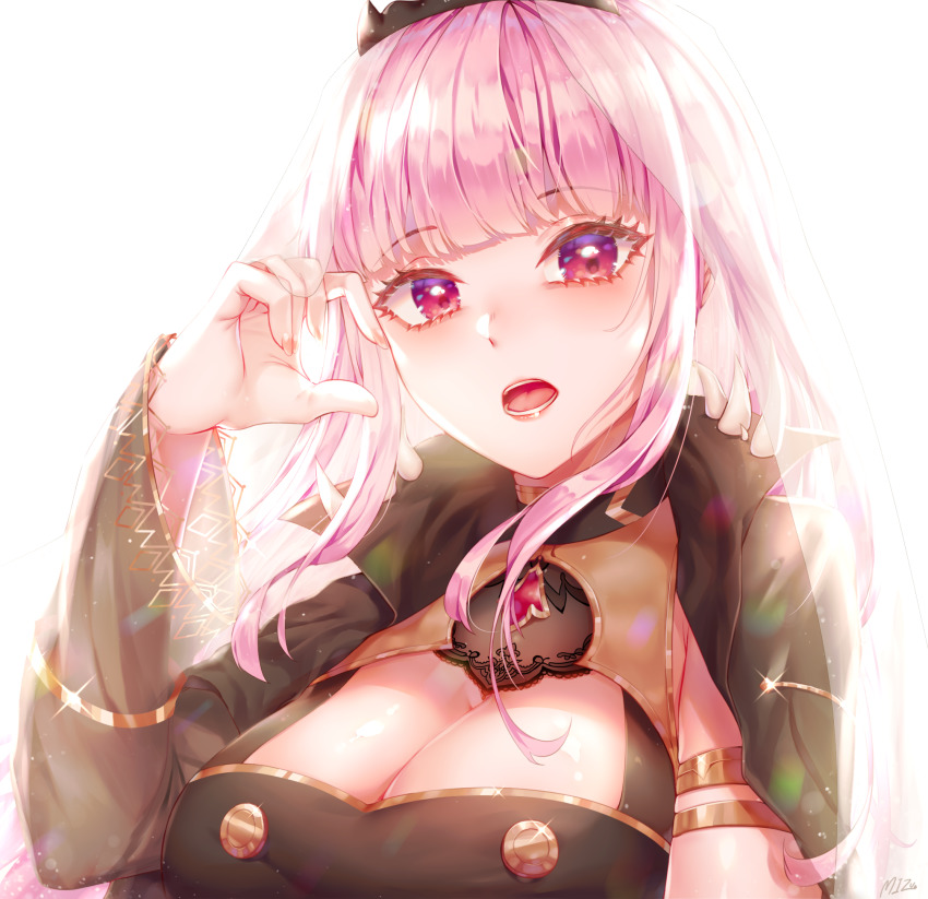 1girl, arm_at_side, arm_up, bad_id, bad_pixiv_id, black_cloak, black_dress, breasts, center_opening, cleavage, cloak, commentary, dress, english_commentary, finger_to_face, highres, hololive, hololive_english, large_breasts, lips, long_hair, looking_at_viewer, lower_teeth_only, mori_calliope, nuemi_(namja2012), open_mouth, pink_eyes, pink_hair, signature, simple_background, solo, standing, teeth, tiara, upper_body, upper_teeth_only, veil, very_long_hair, virtual_youtuber, white_background
