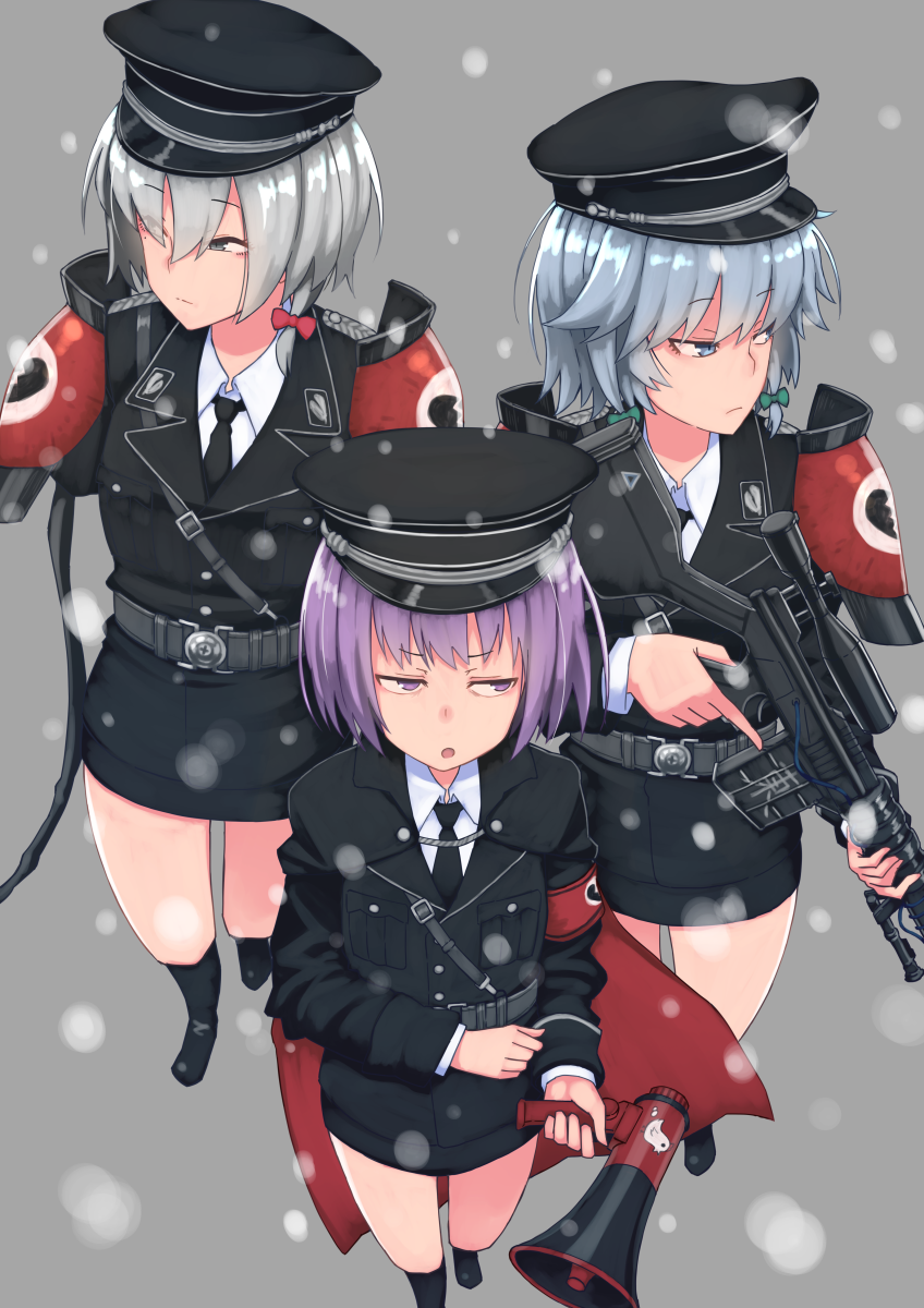 3girls, bird, black_coat, black_footwear, black_headwear, black_neckwear, black_skirt, boots, bow, braid, broken_heart_print, chicken, closed_mouth, coat, collared_shirt, commentary_request, cookie_(touhou), ein_(cookie), eyes_visible_through_hair, full_body, geru_futota, green_bow, grey_background, gun, hair_between_eyes, hair_bow, hat, highres, holding, holding_gun, holding_weapon, izayoi_sakuya, long_sleeves, looking_to_the_side, megaphone, military, military_hat, military_uniform, miniskirt, multiple_girls, necktie, no_arms, open_mouth, peaked_cap, purple_eyes, purple_hair, red_bow, remilia_scarlet, rifle, s_ibane, shirt, short_hair, silver_hair, simple_background, single_braid, skirt, sniper_rifle, snowing, standing, tentacles, touhou, twin_braids, weapon, white_shirt, wing_collar, zwei_(cookie)