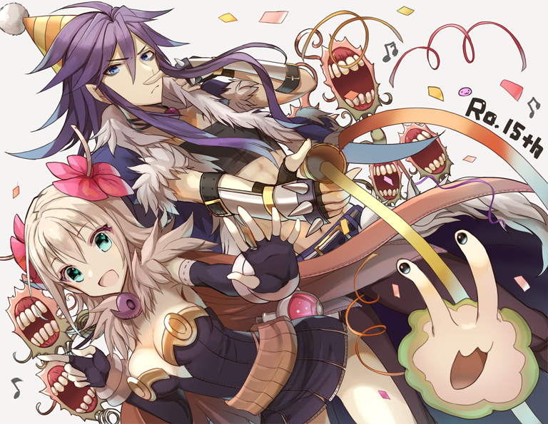 1boy, 1girl, alchemist_(ragnarok_online), anniversary, black_dress, black_gloves, black_pants, black_shirt