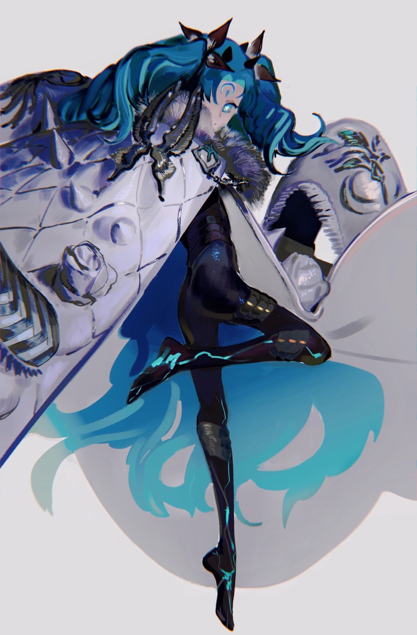 1girl, absurdres, black_bodysuit, black_jumpsuit, black_ribbon, blue_eyes, blue_hair, bodysuit, cape, cloak, facial_mark, fate/grand_order, fate_(series), forehead_mark, fur-trimmed_cloak, fur_trim, highres, horns, ishtar_(fate), jumpsuit, looking_at_viewer, qmiqun, ribbon, solo, solo_focus, space_ishtar_(fate), star-shaped_pupils, star_(symbol), symbol-shaped_pupils, twintails, two_side_up, white_cape