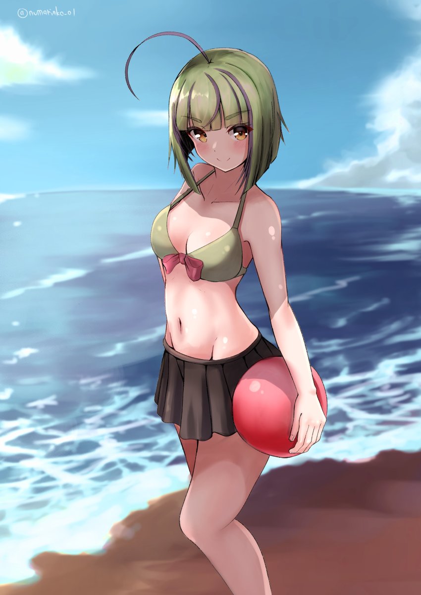 1girl, absurdres, ahoge, ball, beach, beachball, bikini, black_skirt