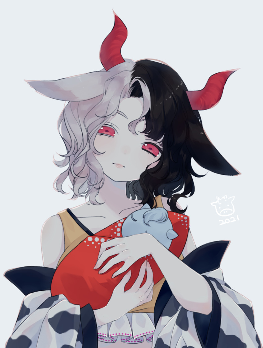 1girl, animal_ears, animal_print, bare_shoulders, black_hair, breasts, closed_mouth, collarbone