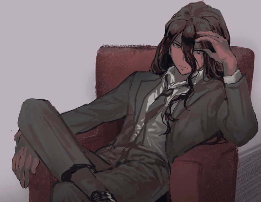 1boy, ai_(meira32373165), black_eyes, black_hair, black_jacket, black_necktie, black_pants, chair