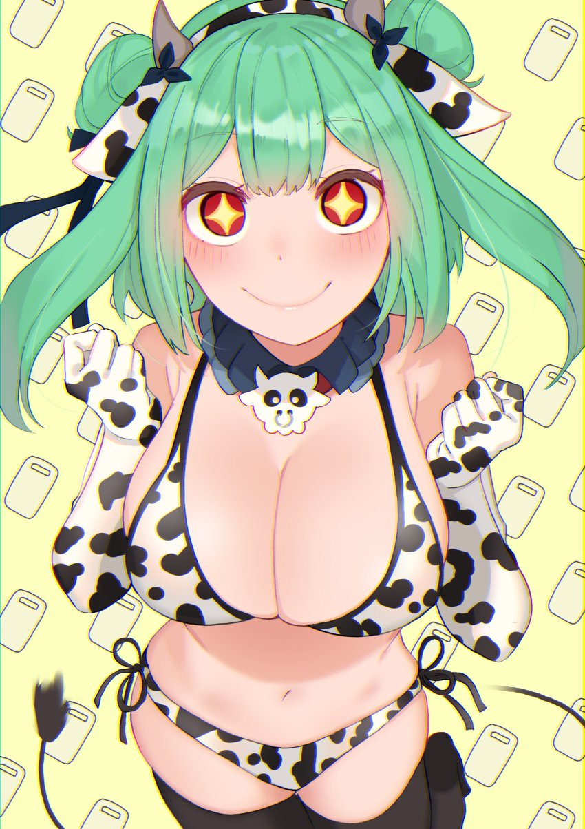 +_+, 1girl, absurdres, alternate_breast_size_(larger), animal_print, bikini, breasts, cleavage