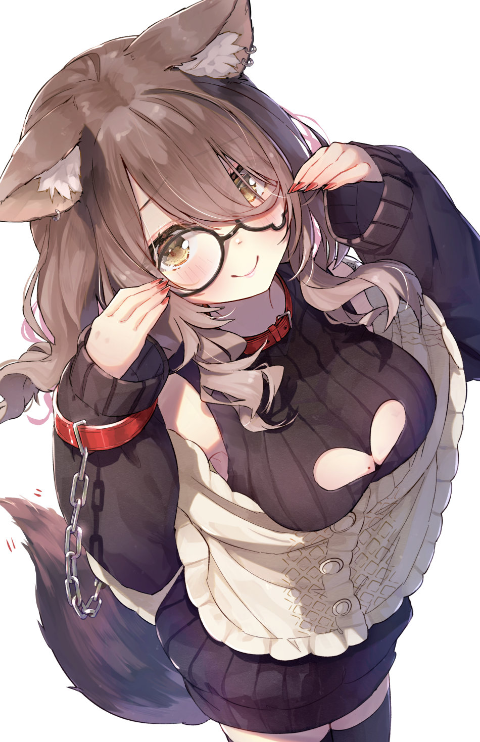 1girl, animal_ear_fluff, animal_ears, beige_cardigan, black-framed_eyewear, black_sweater, black_thighhighs, breasts