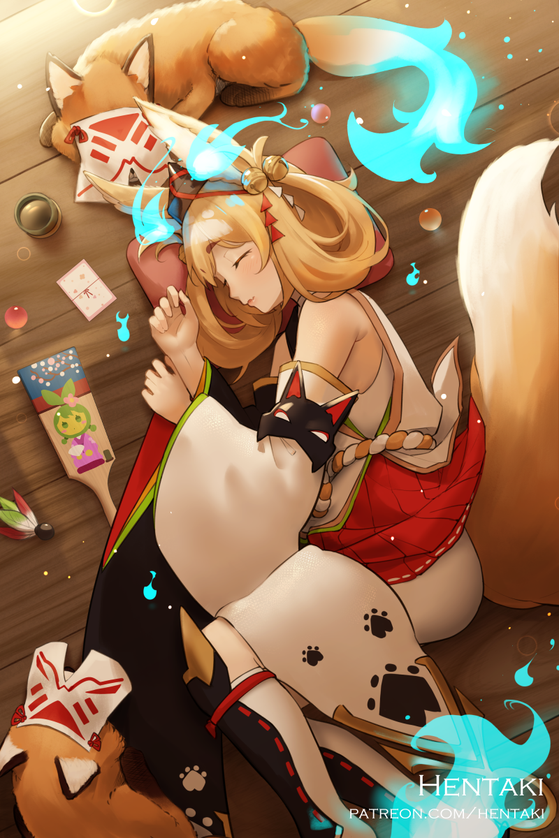 1girl, animal, animal_ear_fluff, animal_ears, artist_name, bare_shoulders, blush, brown_hair, closed_eyes, closed_mouth, commentary, detached_sleeves, dragalia_lost, english_commentary, fox, fox_ears, fox_girl, fox_tail, hagoita, hair_rings, hands_up, hane_(hanetsuki), hentaki, highres, japanese_clothes, kimono, kneehighs, kuzunoha_(dragalia_lost), long_sleeves, lying, on_floor, on_side, paddle, pleated_skirt, red_skirt, ribbon-trimmed_skirt, ribbon_trim, shorts, skirt, sleeveless, sleeveless_kimono, socks, solo, tail, watermark, web_address, white_kimono, white_shorts, white_sleeves, white_socks, wide_sleeves, wooden_floor