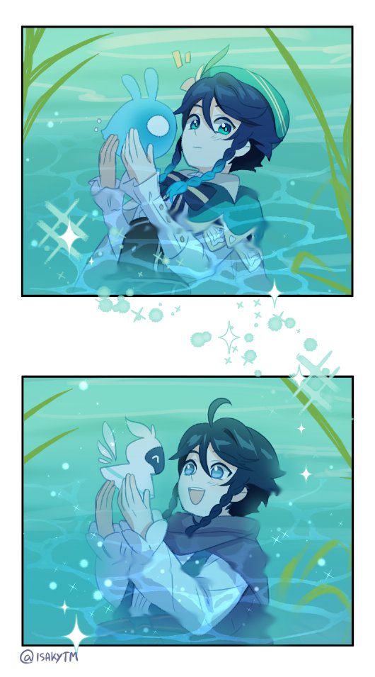 1other, 2boys, ahoge, black_hair, blue_hair, blush, bow, braid