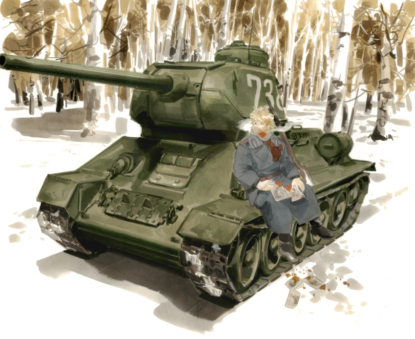 1boy, absurdres, belt, birch_tree, black_boots, blood, blood_on_clothes, blood_on_paper