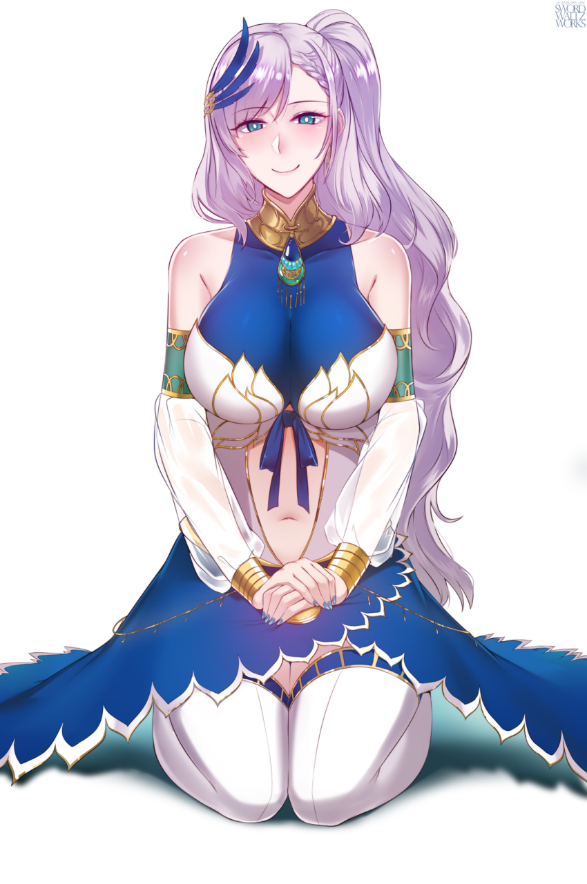 1girl, blue_skirt, blush, braid, braided_bangs, breasts, bright_pupils, clothing_cutout