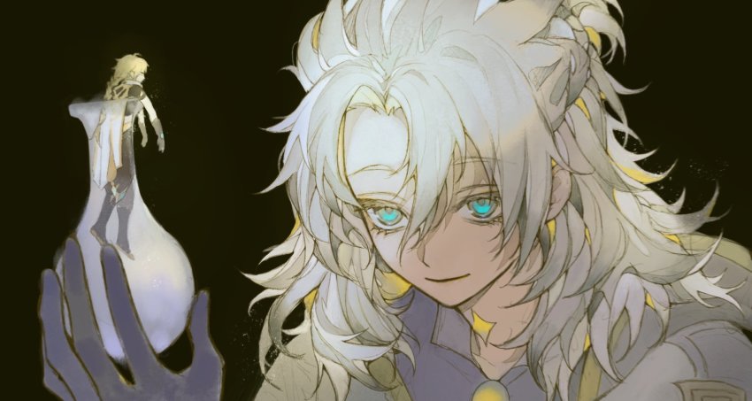 2boys, aether_(genshin_impact), albedo_(genshin_impact), black_background, black_gloves, blonde_hair, blue_eyes, braid, braided_ponytail, closed_mouth, flask, genshin_impact, gloves, hair_between_eyes, highres, holding, jacket, laoyepo, long_hair, looking_at_another, male_focus, multiple_boys, pants, ponytail, round-bottom_flask, scarf, simple_background, single_braid, white_hair, white_scarf, yellow_eyes