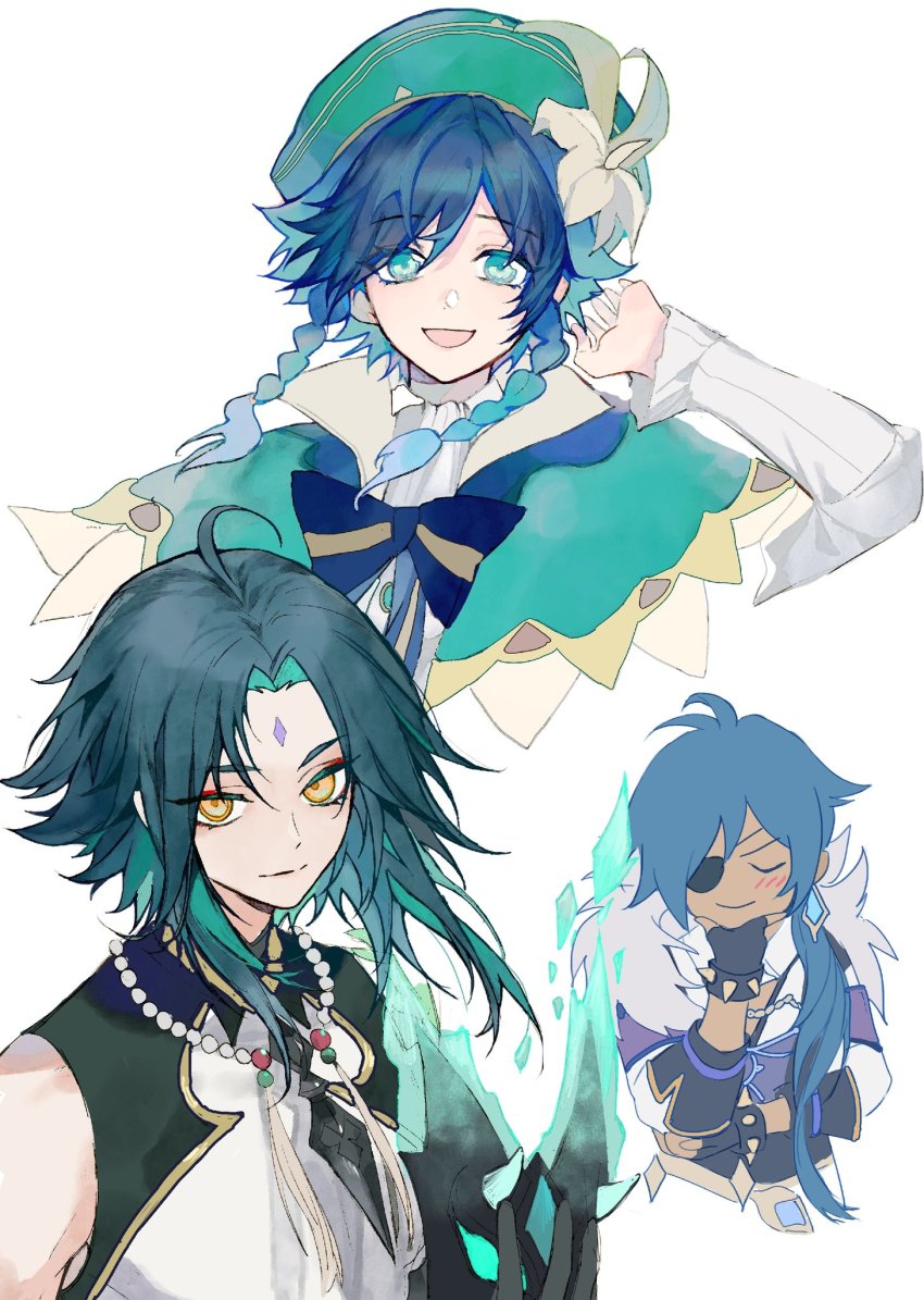 3boys, ahoge, bead_necklace, beads, black_gloves, black_hair, blue_hair, braid