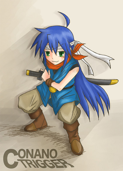 00s, 1990s_(style), 1girl, bandana, blue_hair, chrono_(series), chrono_trigger, cosplay, crono_(chrono_trigger), crono_(cosplay), female_focus, green_eyes, izumi_konata, lucky_star, mole, mole_under_eye, retro_artstyle, solo, sword, weapon
