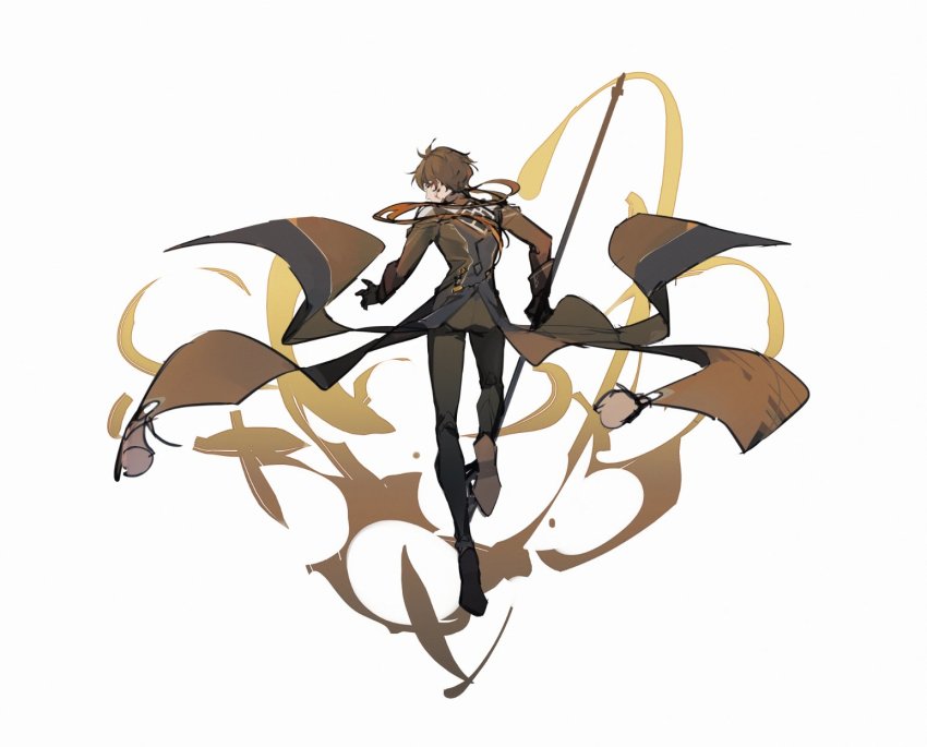 1boy, amenohi, black_gloves, black_hair, black_pants, brown_hair, earrings, from_behind