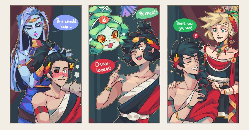 +_+, 1boy, 3girls, ;d, alternate_hair_length, alternate_hairstyle, ancient_greek_clothes, black_hair