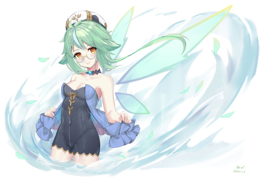 1girl, animal_ears, bare_arms, bare_shoulders, beret, blue_dress, blush, bobo_(6630978)