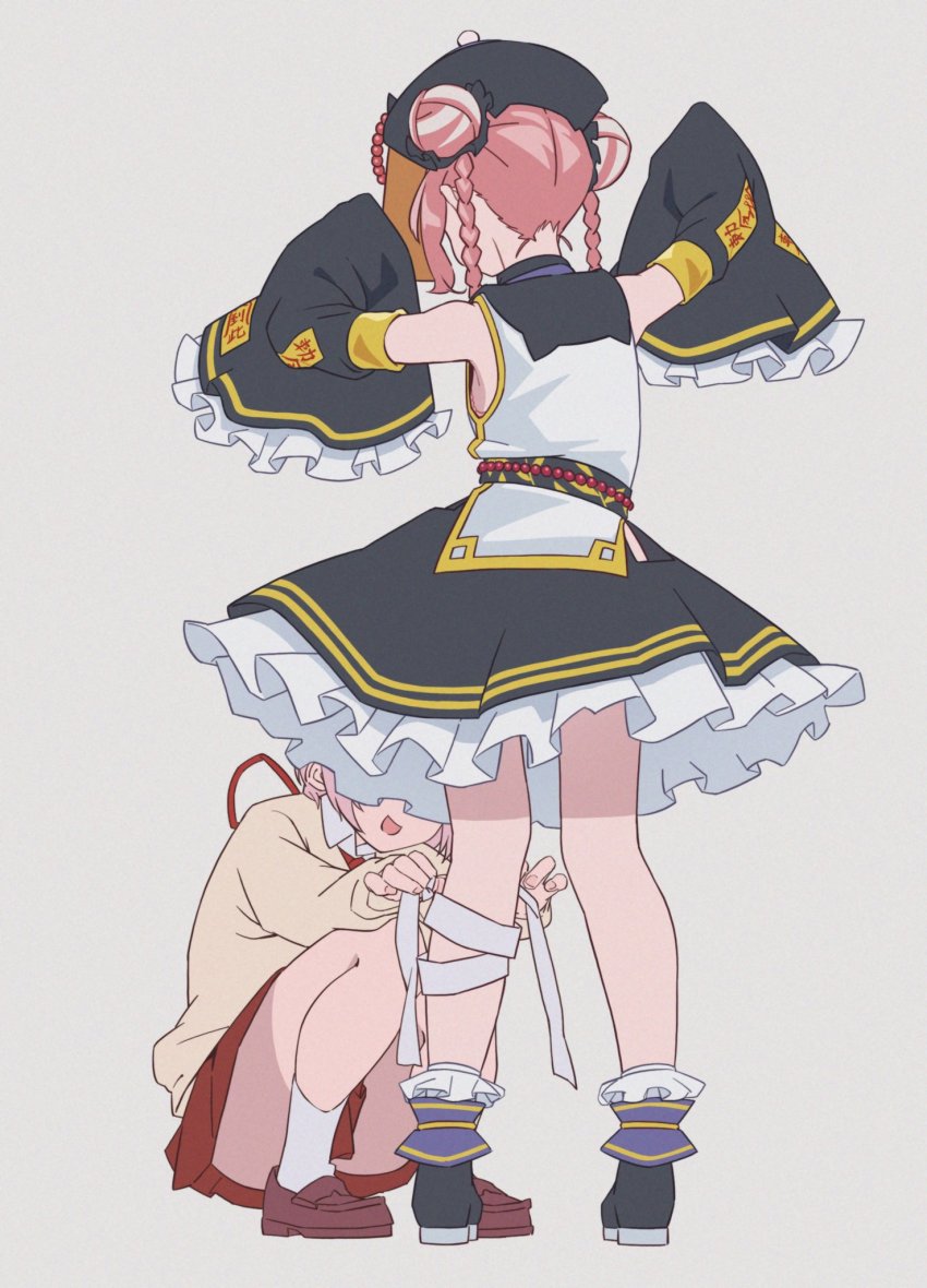 2girls, arm_up, bandaged_leg, bandages, black_footwear, black_headwear, black_skirt, black_sleeves