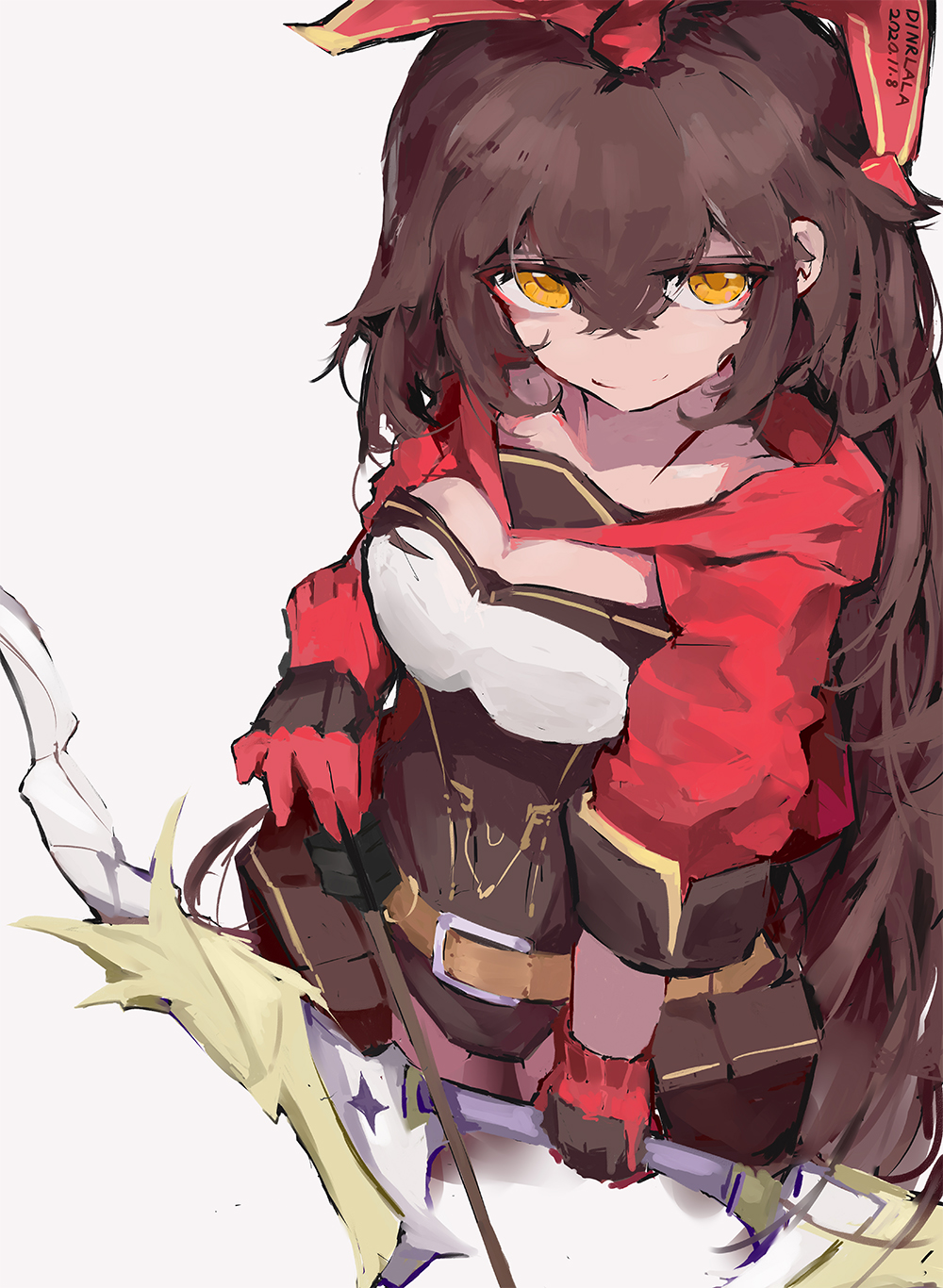 1girl, amber_(genshin_impact), bag, belt, boots, bow_(weapon), breasts, cleavage, collarbone, dinrlala, dress, eyelashes, eyes_visible_through_hair, genshin_impact, gloves, hair_between_eyes, hair_ribbon, highres, holding, holding_bow_(weapon), holding_weapon, long_hair, looking_at_viewer, painttool_sai_(medium), red_gloves, red_ribbon, ribbon, shorts, simple_background, smile, solo, thigh_boots, thighhighs, thighs, weapon, yellow_eyes