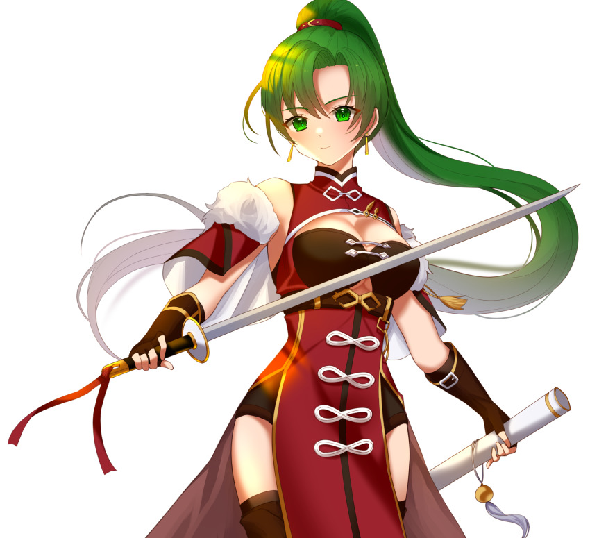 1girl, arcelle, bare_shoulders, beidou_(genshin_impact), beidou_(genshin_impact)_(cosplay), blush, breasts, brown_gloves, brown_thighhighs, capelet, cleavage, cleavage_cutout, clothing_cutout, commentary, cosplay, cowboy_shot, dress, earrings, fire_emblem, fire_emblem:_the_blazing_blade, fur_trim, genshin_impact, gloves, gold_trim, green_eyes, green_hair, highres, holding, holding_sword, holding_weapon, jewelry, long_hair, lyn_(fire_emblem), medium_breasts, nintendo, pelvic_curtain, ponytail, red_dress, scabbard, shadow, sheath, smile, solo, sword, thighhighs, thighs, transparent_background, underskirt, very_long_hair, weapon
